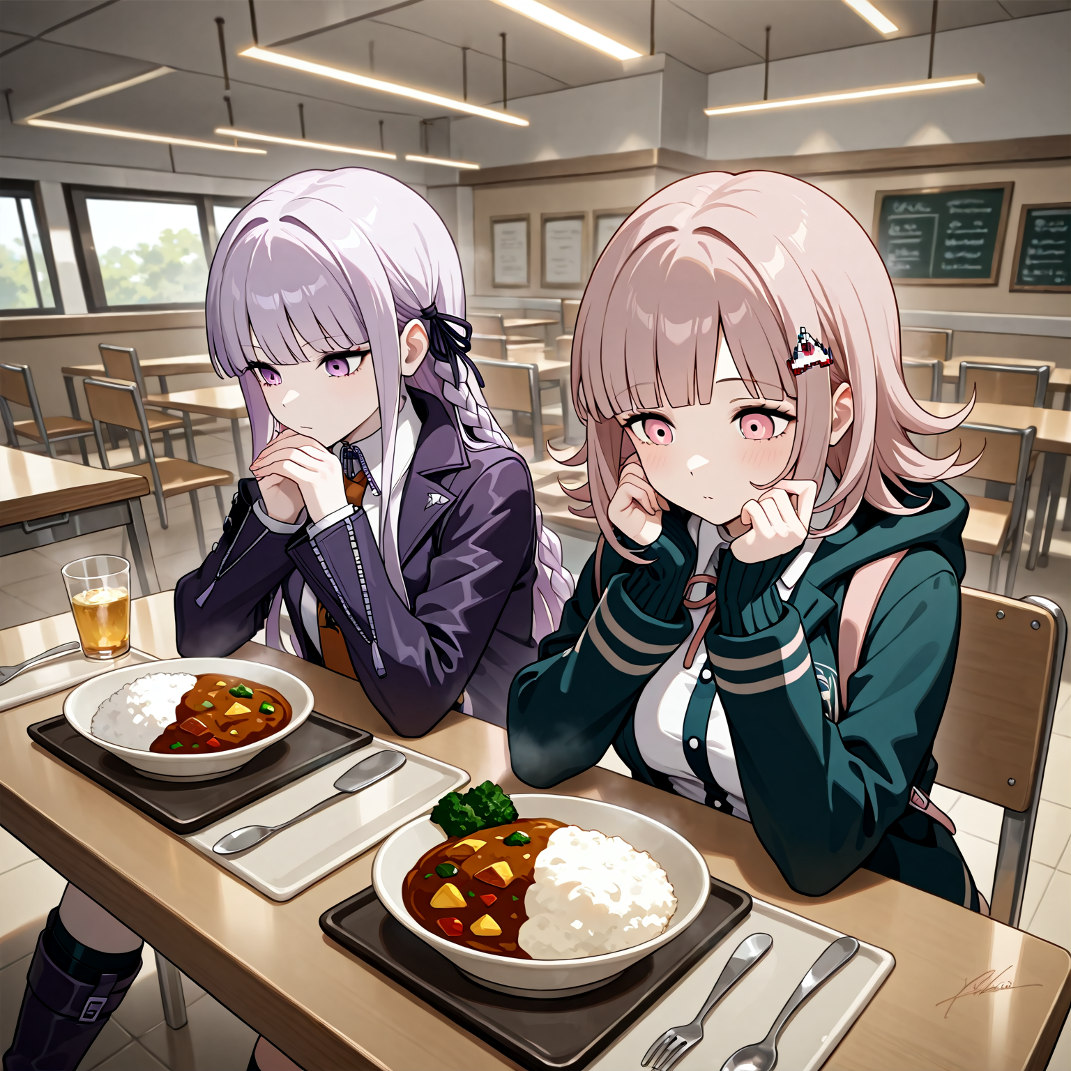 2girls, multiple girls, nanami chiaki, kirigiri kyoko, sitting, curry, cafeteria.png